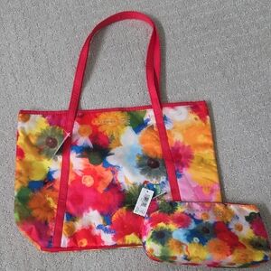 NWT Clinique Colorful Floral Tote and Makeup Pouch